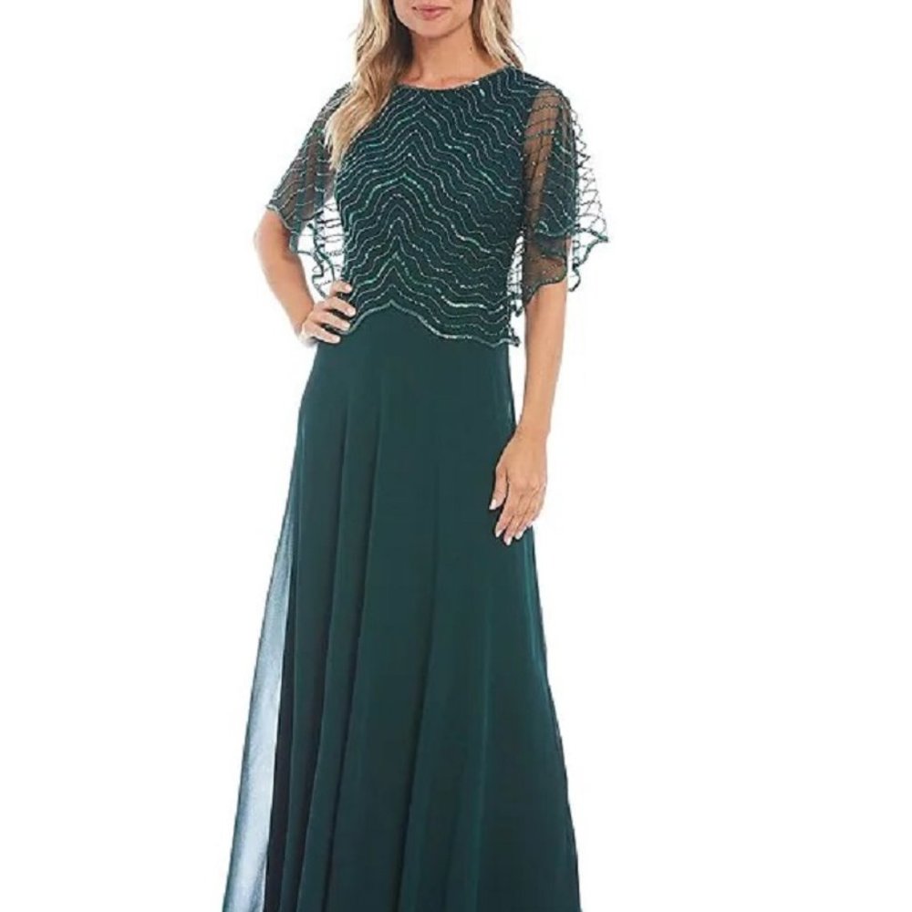 Jkara Beaded Round Neck Short Flutter Sleeve Gown Hunter Green Size 6